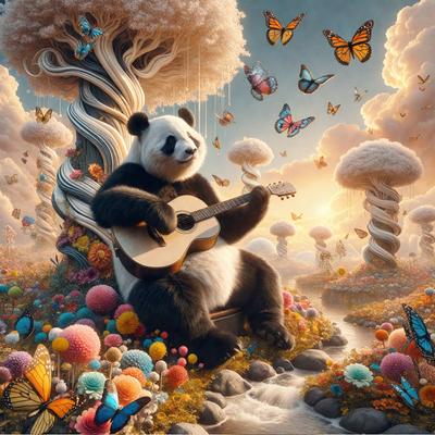 The primary subject of the image is a panda bear sitting on a chair and playing a guitar. The setting is a whimsical, colorful environment with a tree, clouds, and butterflies in the background. The visual style is a digital art or illustration, creating a vibrant and imaginative scene. The colors and mood are lively and cheerful, with a focus on the panda bear's playful and creative expression.